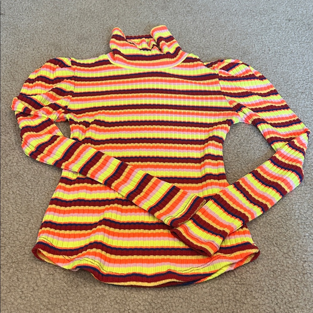 Maeve Neon Stripe Ruffle Turtleneck Sweater